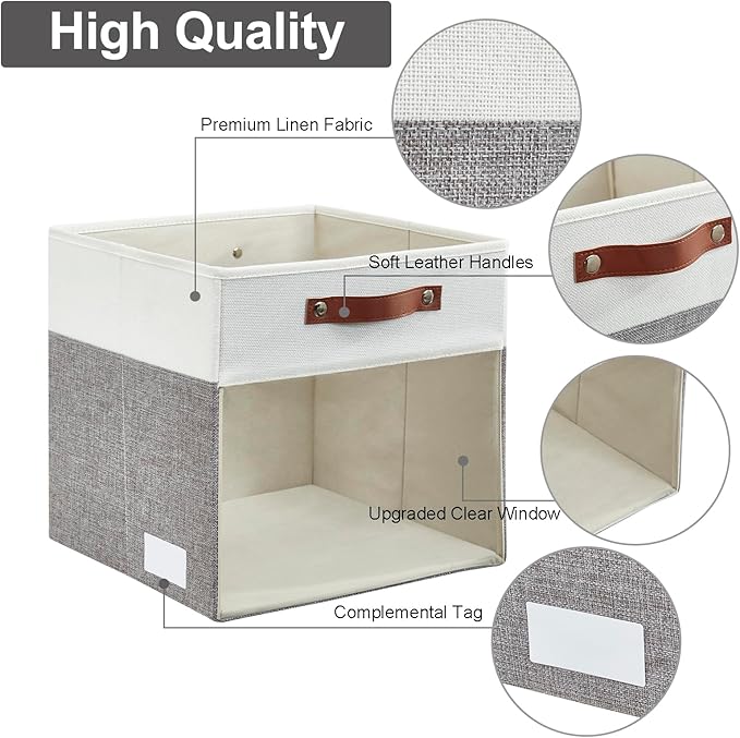 Bagnizer Storage Cubes, 4 Pack Linen Foldable Storage Bins with Clear Window and 2 Handles, 13x15x13 Storage Cube Bins for Shelf Closet, Kallax, Clothes, Books - (Gray / Off-White)