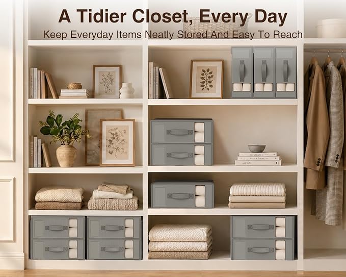 DIMJ Bed Sheet Organizers and Storage 6 Pack - Foldable Sheet Holder, Linen Closet Organizer Box for Sheets Set, Bedding, Blankets, Towel (King & Queen Size), Grey