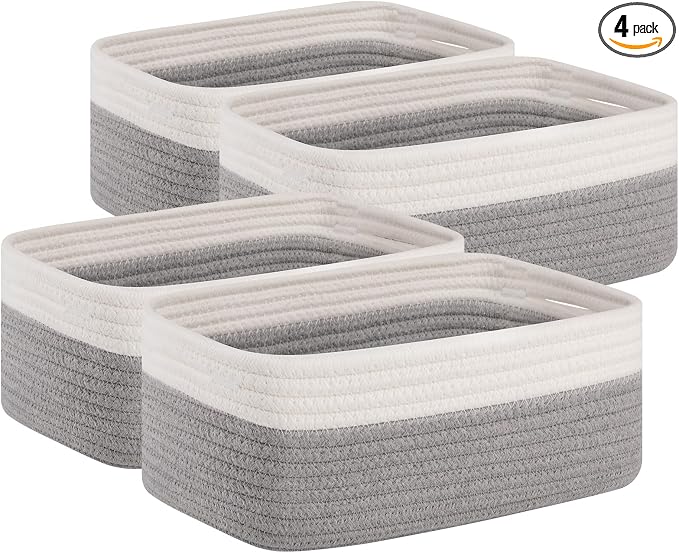 OIAHOMY 4 Pack Storage Baskets for Organizing, Small Bins for Shelves, Cute Decorative Storage Bins, Organizer Baskets for Gifts Empty, 13.8''Lx9.8''Wx5.5''H, Grey/White