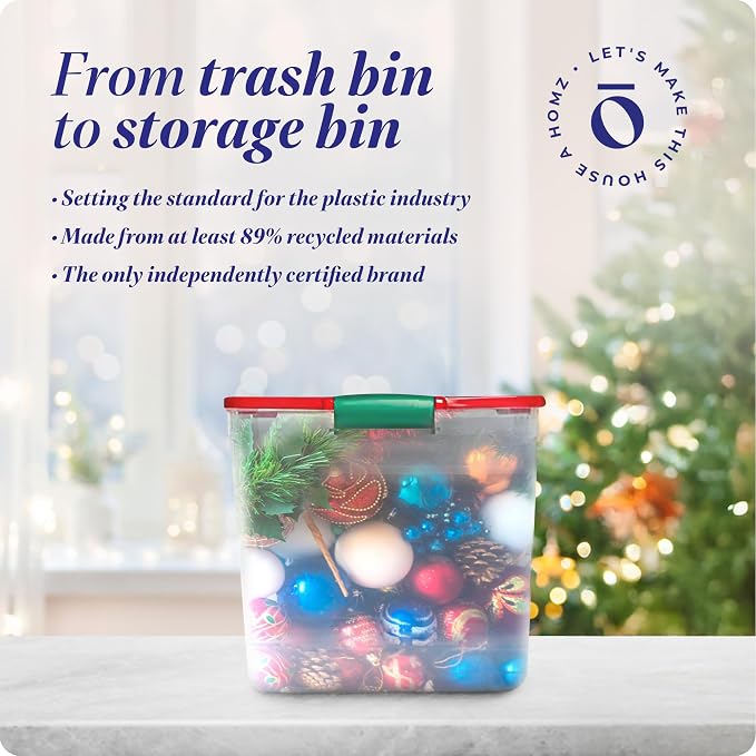 HOMZ Holiday Clear Plastic Storage Container with Latching Handles | Large Stackable Organization Container for Home, Garage, and Office Organization