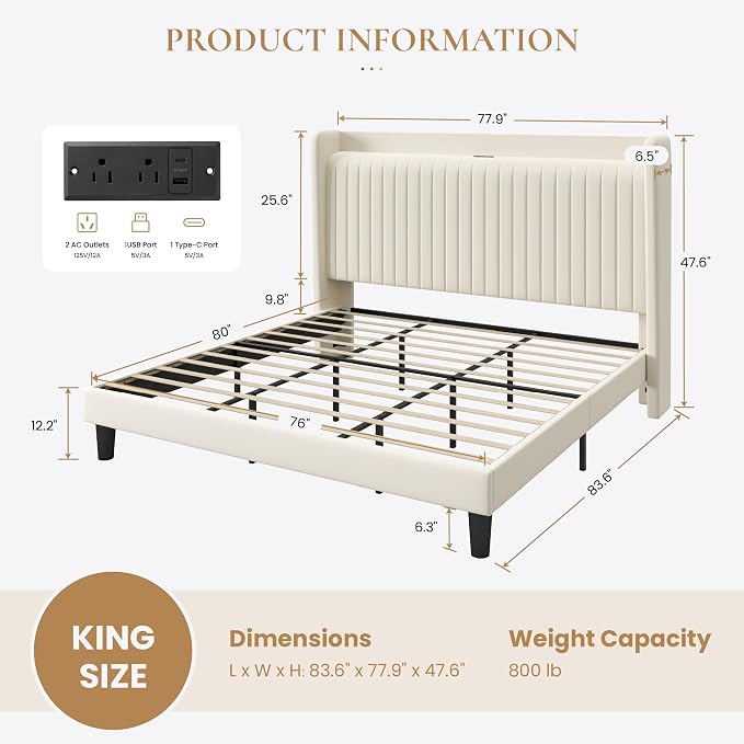 SHA CERLIN King Size Velvet Bed Frame with Shelf, Charging Station, Cream | Wingback Storage Headboard, Upholstered Platform Bed, Wooden Slats Support, No Box Spring Needed, Easy Assembly, Noise Free