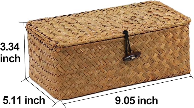 Seagrass Wicker Storage Basket with Lid, Small, Natural | Small Storage Box, Shelf Organizer, Rectangular Woven Bin, Baskets for Organizing, Natural Decor, 9.05 x 5.11 x 3.34