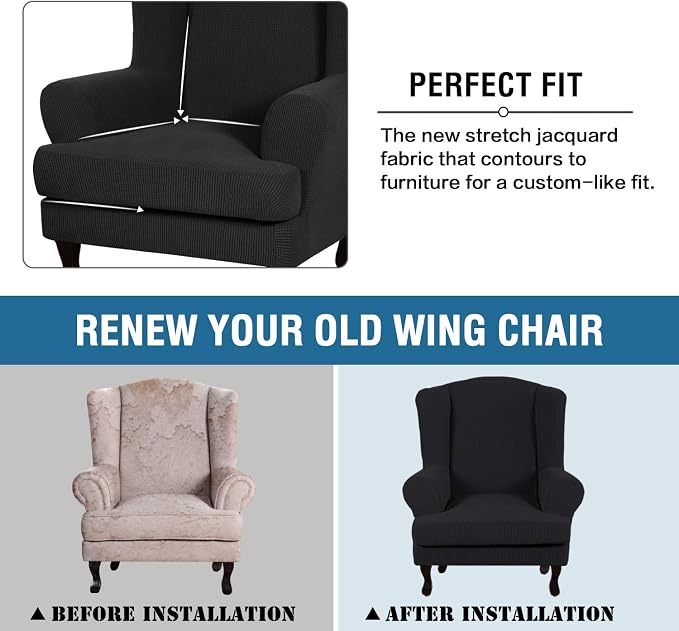 H.VERSAILTEX 2 Piece Stretch Jacquard Wingback Chair Covers Slipcovers Wing Chair Covers (Base Cover Plus Seat Cushion Cover) Furniture Covers for Wingback Chairs, Form Fitted Thick Soft, Black