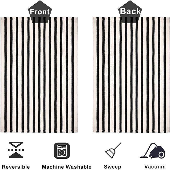 Black and White Striped Rugs, 4'x6' Area Rug Washable Indoor Outdoor Rug Cotton Hand-Woven Farmhouse Layered Double Door Mats for Front Porch, Patio, Entryway, Laundry Room, Bedroom