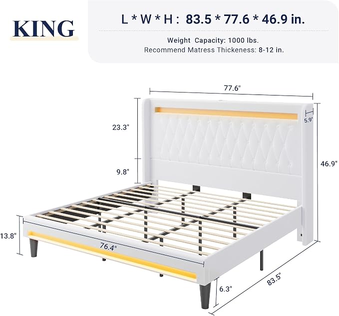 Allewie King Size Upholstered Bed Frame with LED & Charging Station, White | Customizable LED lights, charging station, tufted wingback headboard, noise-reducing support, and no box spring needed.