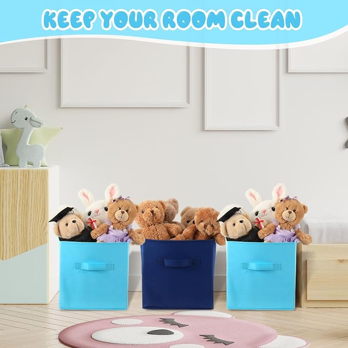 Yinder 12 Pcs Cube Storage Bin Blue 10.5''x10.5''x11'' Storage Bins for Playroom Decor Colorful Bins for Kids Foldable Baskets for Nursery Organizer Boxes Fabric Boxes(Dark and Light Blue)