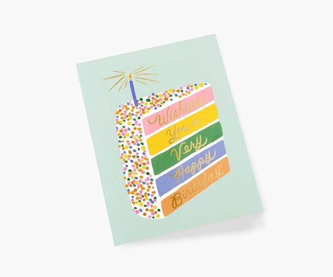 RIFLE PAPER CO. Cake Slice Birthday Cards, Boxed Set of 8 Folded Cards with Metallic Gold Envelopes, Full-Color Illustration, Blank Interior, 4.25" L x 5.5" W