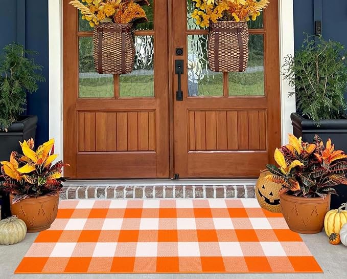 Orange and White Outdoor Rug 24'' x 51'',Halloween Front Porch Rug Fall Cotton Woven Washable Layering Rug for Porch,Entryway,Hallway Indoor Outdoor