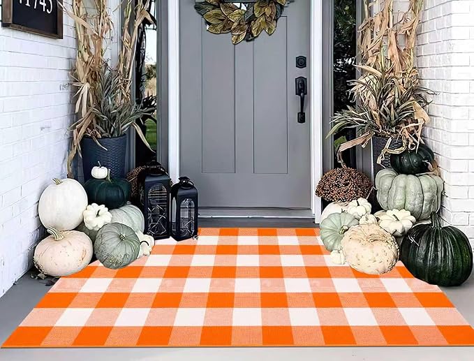 3'x5' Outdoor Rug,Halloween Orange White Front Porch Mat Farmhouse Cotton Washable Layering Rug Checkered Area Rug for Porch,Entryway,Layered Doormat,Indoor,Outdoor,Halloween,Fall