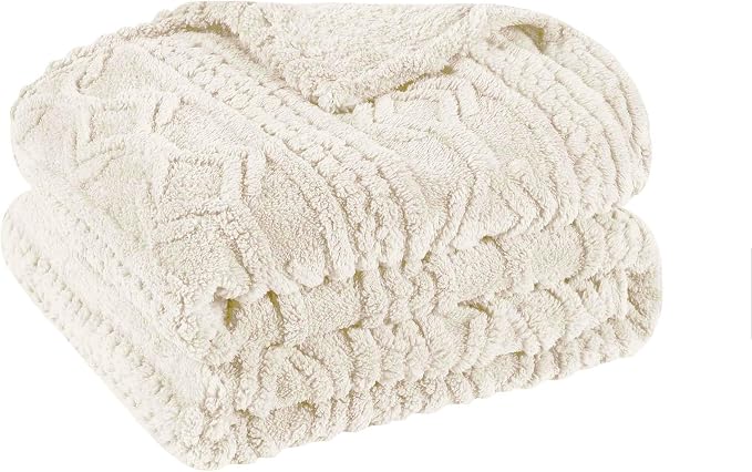 SUPERIOR Fleece Boho Jacquard Blanket, Decorative Blankets for Bedroom, Sofa, Fuzzy, Plush, Fluffy, Soft, Cute Room Decor, Beautiful Cover, Comfort Essentials, Arctic Collection, Throw XL, Ivory