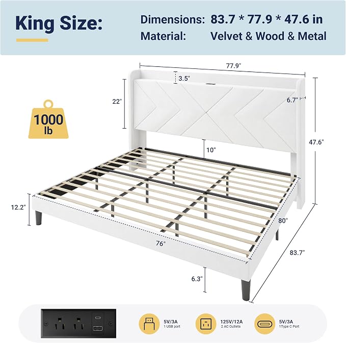 Allewie King Size Platform Bed Frame with Charging Station and Storage Shelf/Upholstered Velvet Wingback Headboard/Wooden Slats Support/No Box Spring Needed/Easy Assembly, White