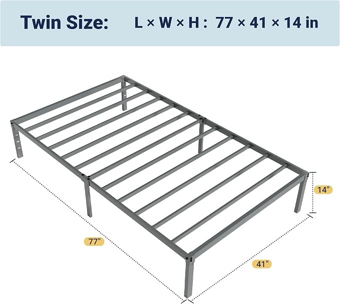 Allewie Twin Bed Frame, 14 inch Metal Beds with Storage Space, Grey | Heavy-Duty Metal Platform Beds, Large Under-Bed Storage Space, No Box Spring Needed, Easy Assembly