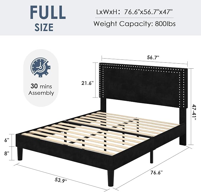 VECELO Full Size Platform Bed Frame with Height Adjustable Upholstered Headboard, Modern Mattress Foundation,Strong Wood Slat Support, No Box Spring Needed, Easy Assembly,Black