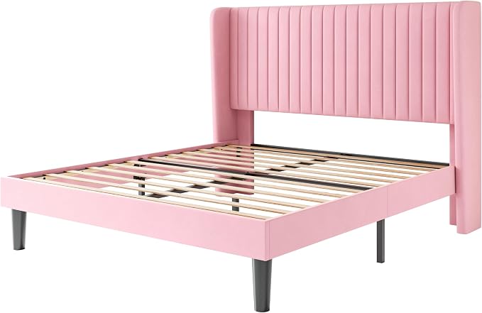 SHA CERLIN Full Size Velvet Bed Frame, Tufted Wingback Headboard, Pink | 47'' Modern Vertical Channel Headboard, Upholstered Platform Bed, Wood Slats, No Box Spring Needed, Easy Assembly, Noise Free