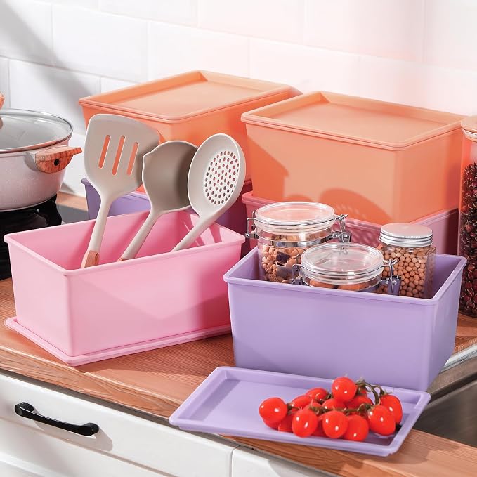 Menkxi 6 Pcs Storage Bins with Lids Small Plastic Storage Containers Stackable Storing Baskets Box Cute Organizer Bins for Organizing Shelves (Pink,Purple)