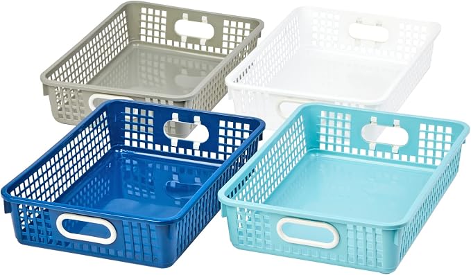 Really Good Stuff Small Desktop Paper Storage Baskets, Set of 4 | 14" x 10" x 3.25", Cool & Calm Colors, Stackable Mesh Baskets with Grip Handles