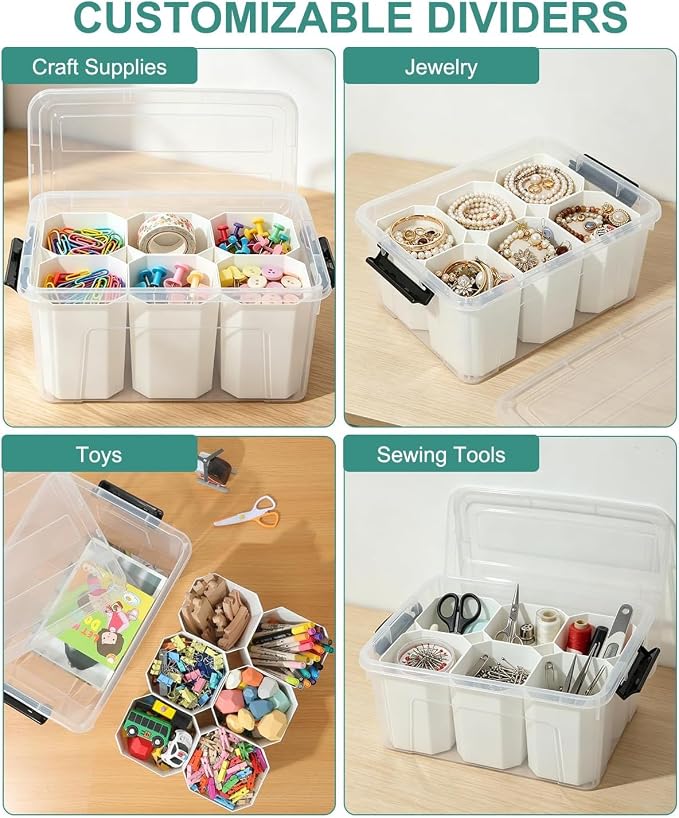 NUMIFUN 17QT Clear Storage Bins with Lids & Dividers for Crafts | Stackable 17-quart transparent box featuring 6 tall removable inserts. Perfect for organizing crafts, tools, toys & crayons