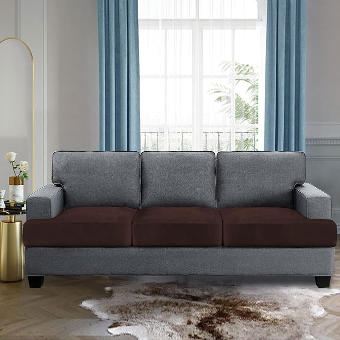 H.VERSAILTEX Stretch Velvet 3 Piece T Cushion Sofa Slipcovers - Individually Fitting Cushion Covers for 3 Cushion Couch - Stay in Place (Brown)