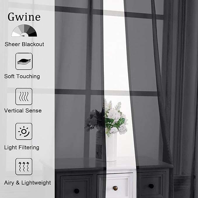 Gwine Sheer Black Curtains 96 Inches Long 2 Panels Set, Light Filtering Voile - Image 2