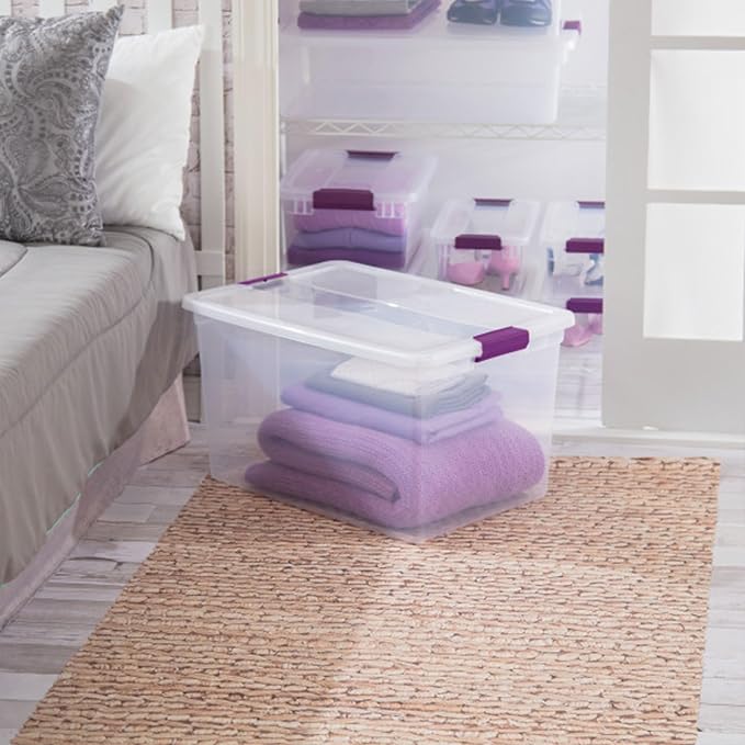 Sterilite 66 Qt ClearView Latch Storage Box, Stackable Bin with Latching Lid, Organize Clothes, Blankets, Items in Closet, Clear Base and Lid, 24-Pack | Clear Plastic Organizers with Color Accent Latches for Closet, Bedroom, Shelving Units, Dorm Room a...
