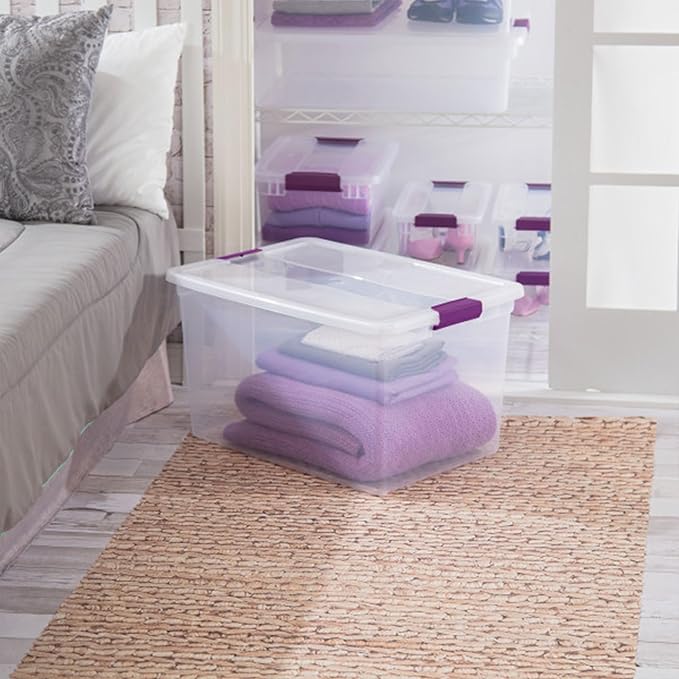Sterilite ClearView Latch Boxes, Storage Bins with Lids, 66 Quart, 18-Pack | Clear Plastic Organizers with Color Accent Latches for Closet, Bedroom, Shelving Units, Dorm Room and Home Organization