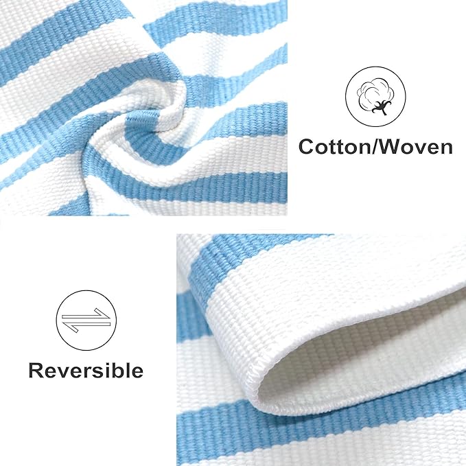 Light Blue and White Outdoor Rug 3'x5',Machine Washable Striped Porch Rug Cotton Woven Farmhouse Front Door Mats for Porch/Entryway/Home Entrance Decor/Bedroom/Laundry Room/Patio/Front Door