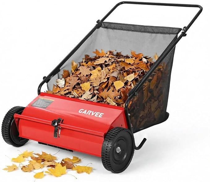Push Lawn Sweeper 26in,Manual Push Leaf and Grass Sweeper | Heavy Duty Walk-Behind Lawn Sweeper,7ft³Removable Collection Bag,4 Rubber Wheels,Ideal for Garden, Park and Yard