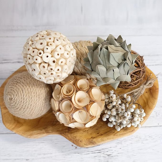 6pcs 3.5inch Woven Wicker Rattan Balls Decorative Ball Twig Orbs Green Orbs Vase Bowl Filler for Tabletop Decor (Beige White)