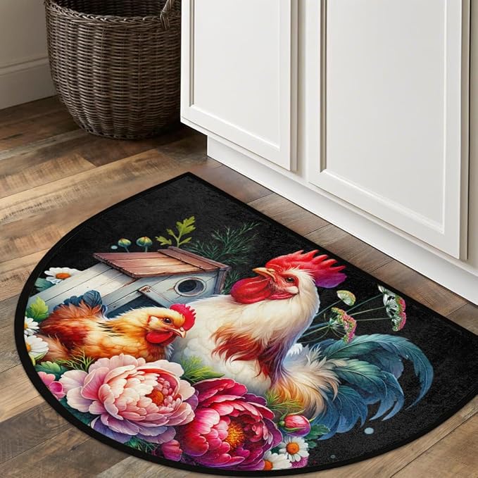 Farm Rooster Floral Half Round Door Mat Non-Slip Semi Circle Rug Washable Half Moon Floor Rug Absorbent Bathroom Area Rugs for Outdoor Indoor Fireplace Mat Entryway Kitchen Decor Rugs