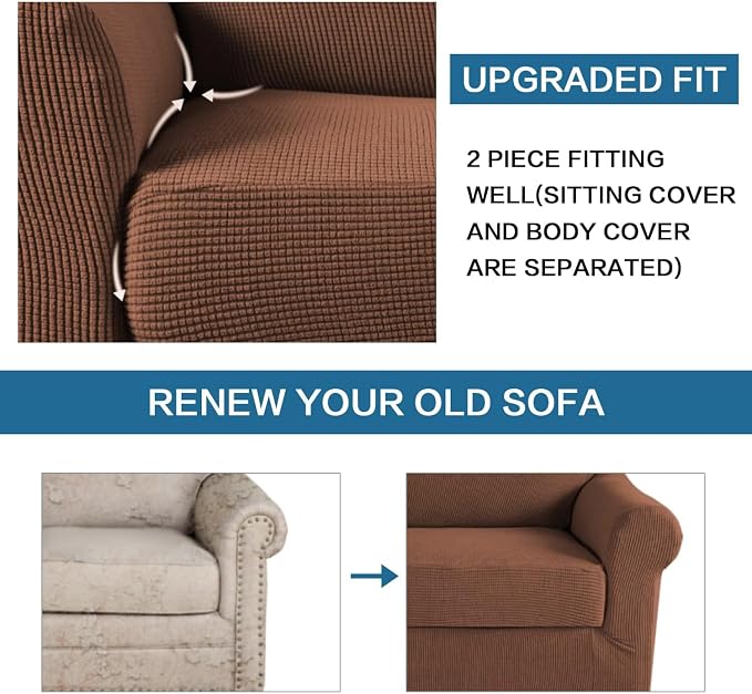 H.VERSAILTEX 2-Piece Armchair Cover Chair Slipcovers with Arms Sofa Slipcover for Chair Fit Arm Chair Width Up to 47 Inch, Anti-Slip Rich Stretch Knitted Jacquard Fabric Small Checks(Chair, Caramel)