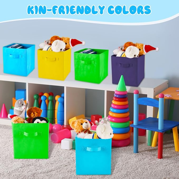 Yinder 12 Pcs Cube Storage Bin 10.5''x10.5''x11'' Storage Bins for Playroom Decor Colorful Bins for Kids Foldable Baskets for Nursery Organizer Boxes Fabric Boxes (Sky Blue, Green, Yellow, Dark Blue)