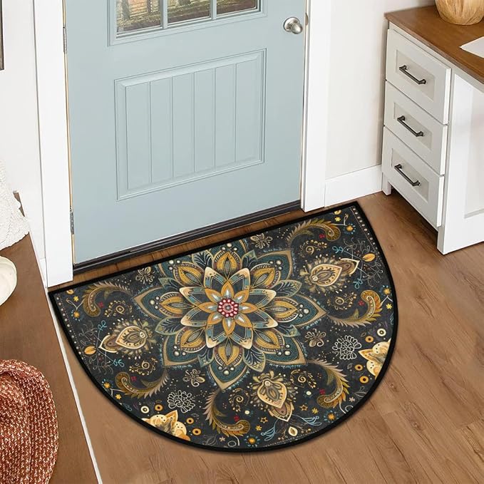 cfpolar Half Round Door Mat Ethnic Mandala Boho Flowe Non-Slip Semi Circle Area Rug Washable Half Moon Hearth Rugs for Indoor Outdoor Bathroom Kitchen Patio Runner Mat Laundry Room Home Decoration