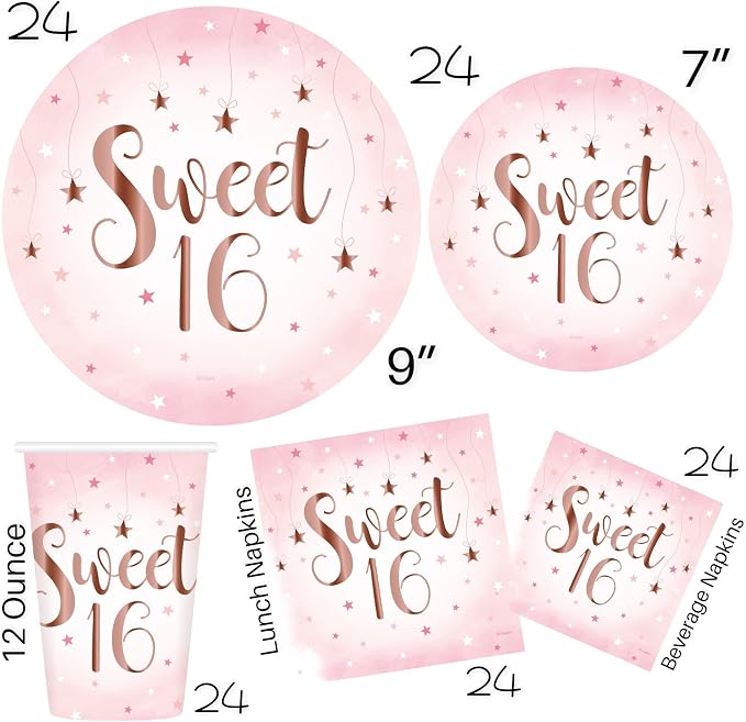 Oojami Sweet 16 Party Supplies for Girls, Serves 24 – Rose Gold Plates, Napkins, Cups, Table Covers, Balloons, Banner, Cake Topper & Candle – 16th Birthday Decorations Set