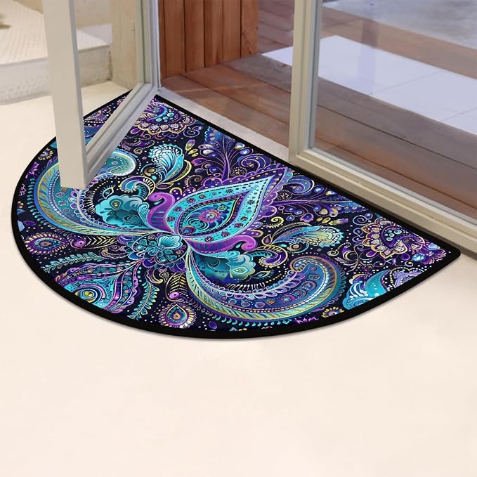 Paisley Half Round Doormat Non-Slip Semi Circle Rug Half Moon Mat | Trippy Blue Abstract Washable Soft Absorbent Indoor Outdoor Entrance Kitchen Bathroom Sink Patio Welcome Fireplace Floor Rug
