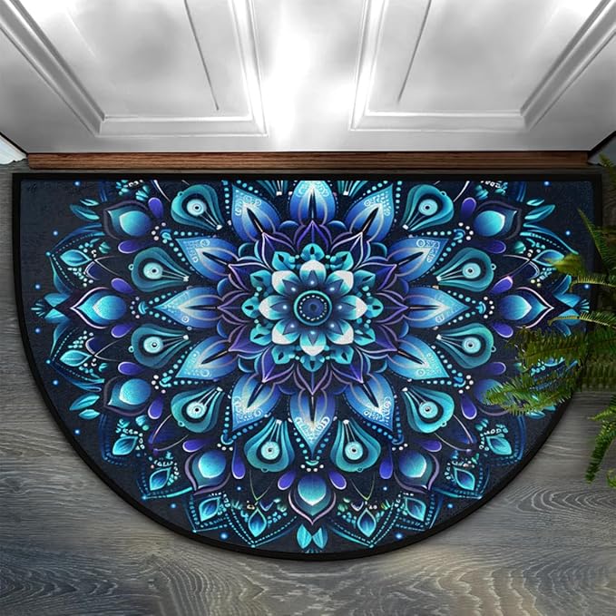 Mandala Blue Half Round Door Mat Semi Moon Rug Fireplace Carpet Area Rugs | Mandala Blue Ethnic Non Slip Absorbent Half Circle Mat Carpet for Indoor Outdoor Patio Kitchen Bathroom Entryway Home Decor