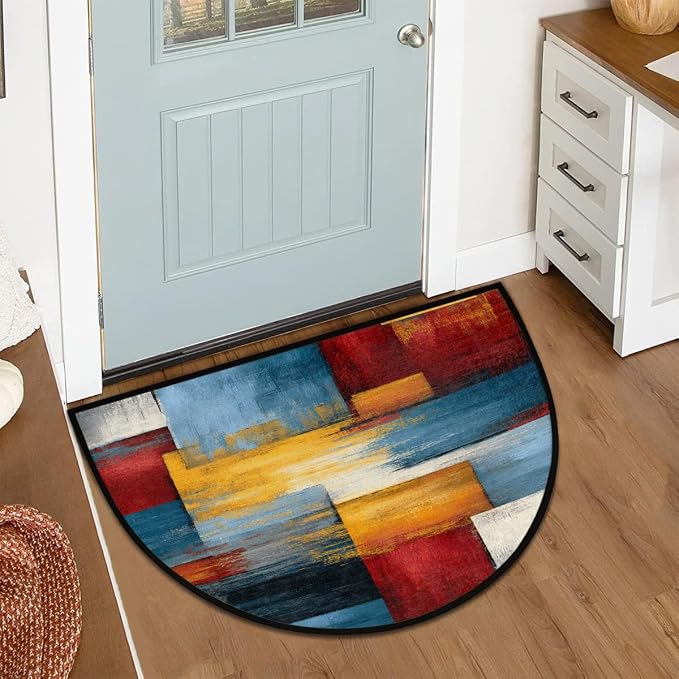 Abstract Half Round Doormat Semi Circle Rug Half Moon Rug Entryway Mat | Colorful Abstract Washable Non Slip Outdoor Floor Rug Kitchen Mat for Indoor Outdoor Bathroom Fireplace Bath Decor