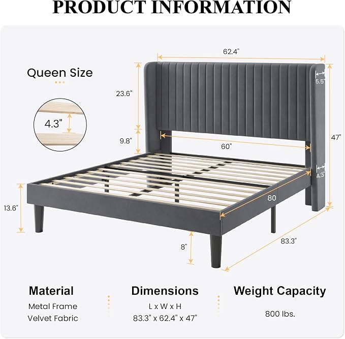 SHA CERLIN Queen Size Velvet Bed Frame, Tufted Wingback Headboard, Grey | 47'' Modern Vertical Channel Headboard, Upholstered Platform Bed, Wood Slats, No Box Spring Needed, Easy Assembly, Noise Free