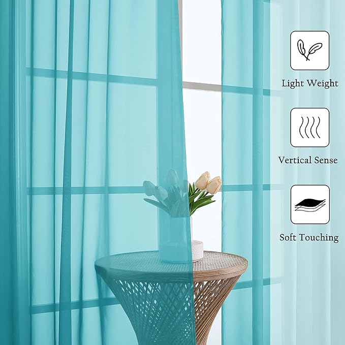 Lecloud Turquoise Sheer Curtains 108 Inches Long 2 Pcs, Rustic Farmhouse Dual Rod Pocket Window Curtains for Living Room, Bedroom Decor Light Filtering Soft Airy Drapes, Each Panel 59" W x 108" L
