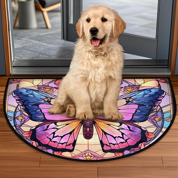 Pardick Half Round Doormat Window Butterfly Art Semi Circle Rug Non Slip Indoor Outdoor Entrance Half Moon Rug Washable Front Floor Mat for Kitchen Bathroom Patio Fireplace Holiday Decor