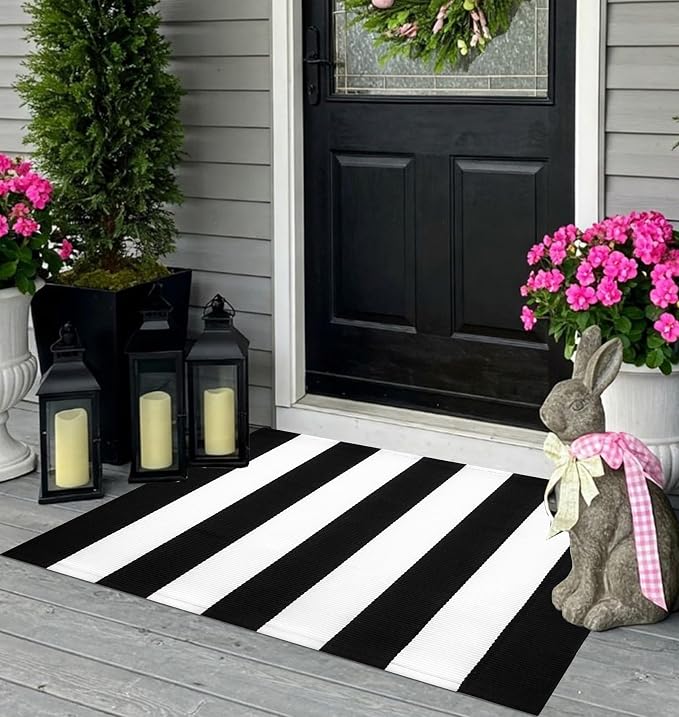 Black and White Striped Rug Doormat 24"x35" Washable Front Porch Rug Farmhouse Layered Door Mats Outdoor