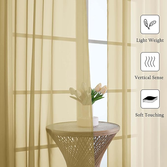 Lecloud Gold Sheer Curtains 108 Inches Long 2 Panels, Dual Rod Pocket Light Filtering Bedroom Curtains for Living Room Decor, Airy Solid Color Window Treatments Drapes, Each Panel 59" W x 108" L