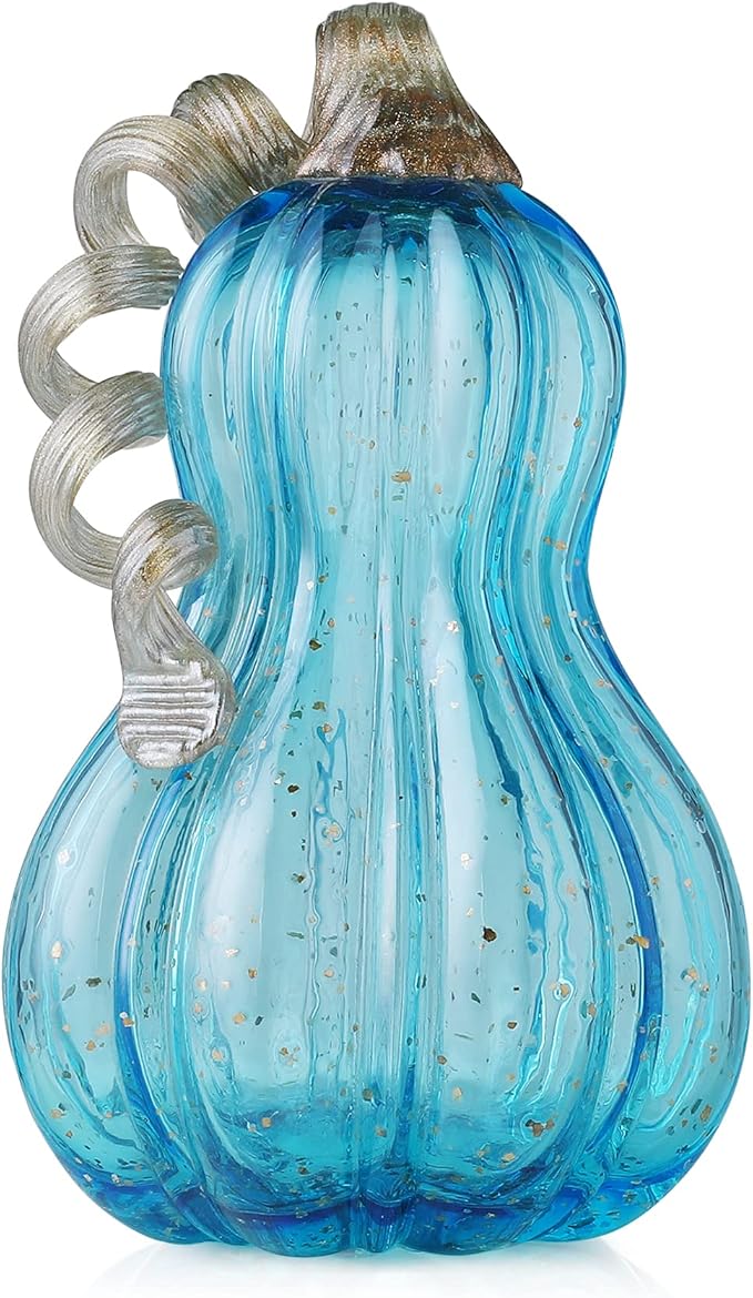 Glitzhome Hand Blown Glass Pumpkin Decor 8.5" Blue - Artisan Fall Table Centerpiece for Thanksgiving Harvest Home Decor Halloween Displays