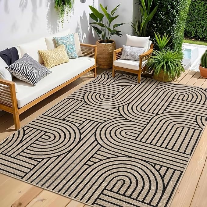 COZYLOOM 5x7 Waterproof Outdoor Patio Rug, Abstract Geometric Striped Easy Jute Rugs for Living Room, Non Slip Non Shedding Modern Area Rug for Entryway, Bedroom, Dining Room, Porch, Natural Color