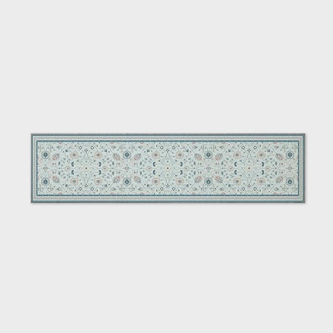 EVERGRACE Hallyway Area Runner Rugs 2x8, Boho Floral Faux Wool Indoor Outdoor Rugs, Washable Rugs for Bedroom Dining Room Living Room Kitchen, Low Pile Floor Mat Carpet for Home Decor, Pale Blue
