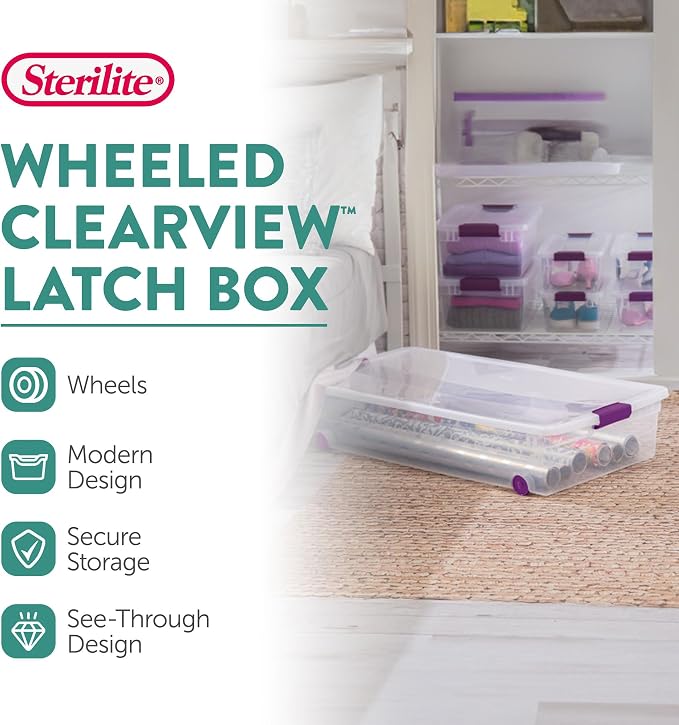 Sterilite 12-Pack ClearView Latch Box, Wheeled Underbed Organizer Bins for Home, 60 Quart | Clear Plastic Organizer Bins with Color Accent Latches and Wheels for Closet, Home Bedroom and Dorm Room