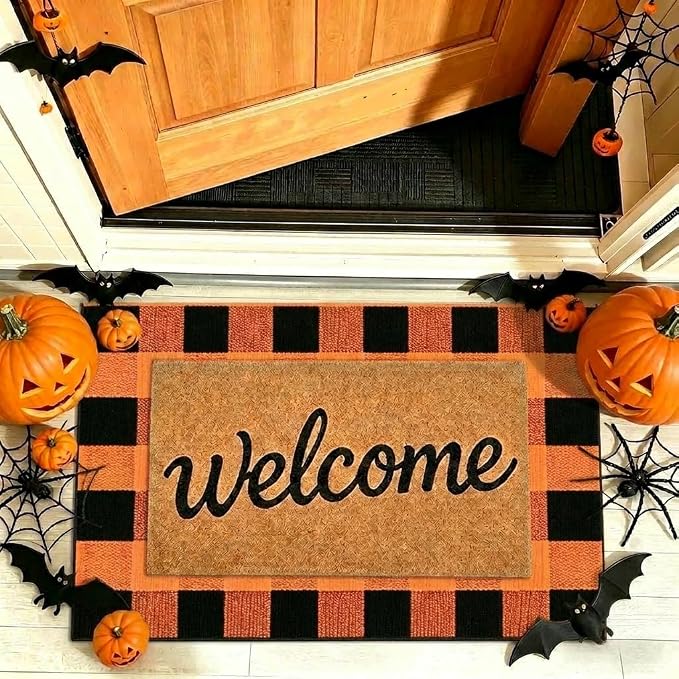 Buffalo Plaid Rug 2'4''x 3'7'' Orange and Black Front Door Mat Reversible Halloween Doormat Layered Porch Rug Washable Hand Woven Cotton Area Rug for Indoor Outdoor Entryway Patio Porch Decor