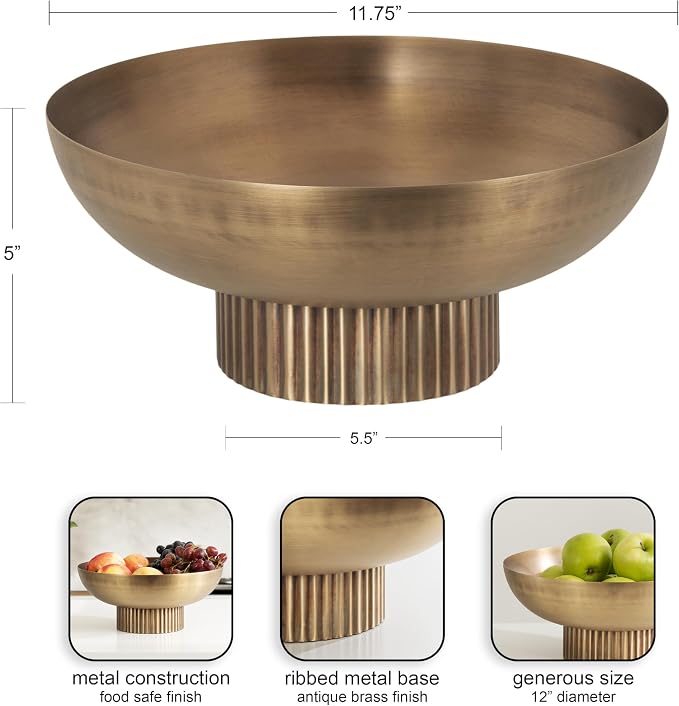 Kate and Laurel Rooks Ribbed Decorative Metal Bowl; 12 Inch Diameter; Brass; Modern Raised Fruit Bowl for Kitchen Counter or Use as a Key Bowl for an Entryway Table