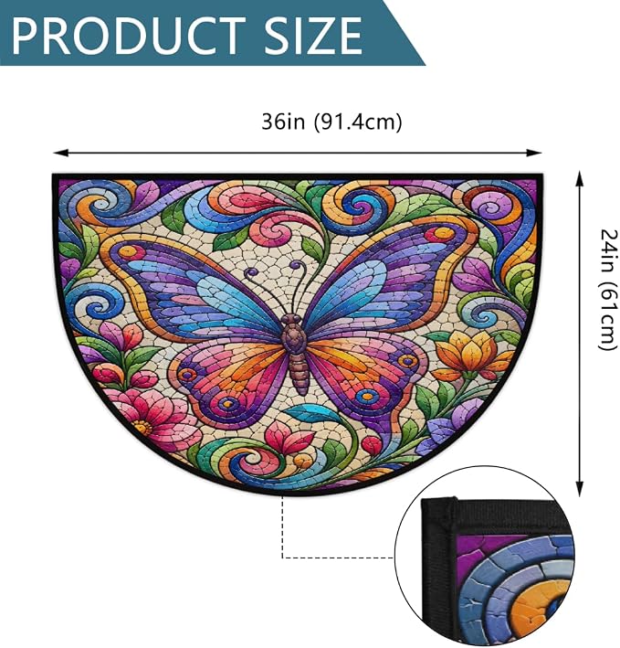 Butterfly Half Round Rug Half Moon Door Mat Half Circle Rugs | Rainbow Floral Washable Non-Slip Semi Circle Rug Welcome Half Round Door Mat Indoor Entrance Bedroom Living Room Decor B772