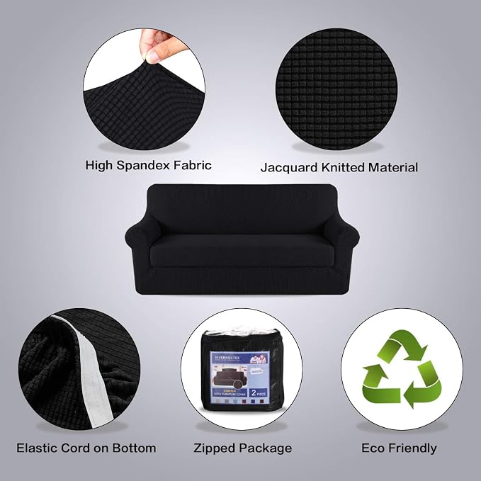 H.VERSAILTEX High Stretch 2 Pieces Sofa Cover/Slipcover Couch Covers for Sofa Jacquard Soft Spandex Furniture Protector Suit for T Cushion/Box Cushion, Sofa 72"-88", Black