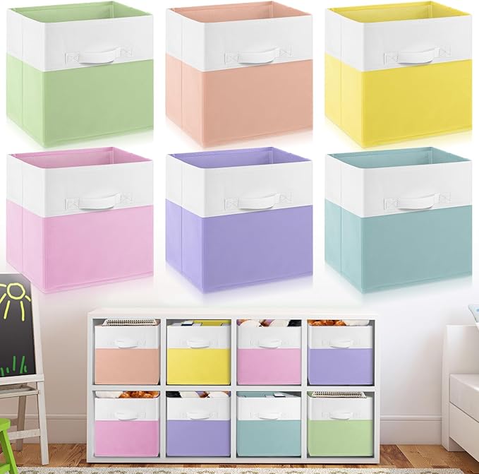 Yinder 6 Pcs Cube Storage Bin 10.5''x10.5''x11'' Storage Bins for Playroom Decor Colorful Bins for Kids Foldable Baskets for Nursery Organizer Boxes Fabric Boxes(Macaron Colors)